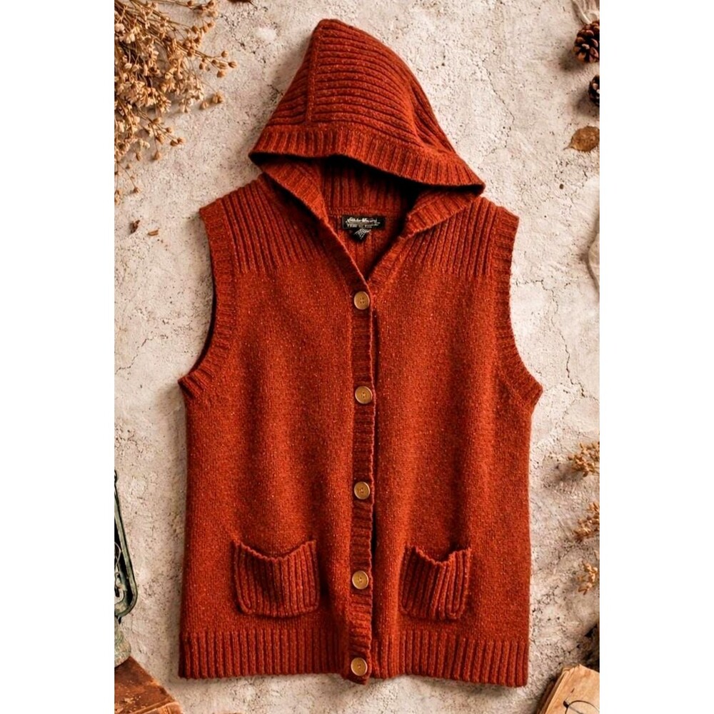Eddie Bauer Hooded Sweater Vest Women's Rust Knit Cotton Blend Cottagecore